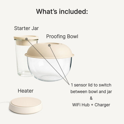 Peak Dough — what's included: starter jar, proofing bowl, heater