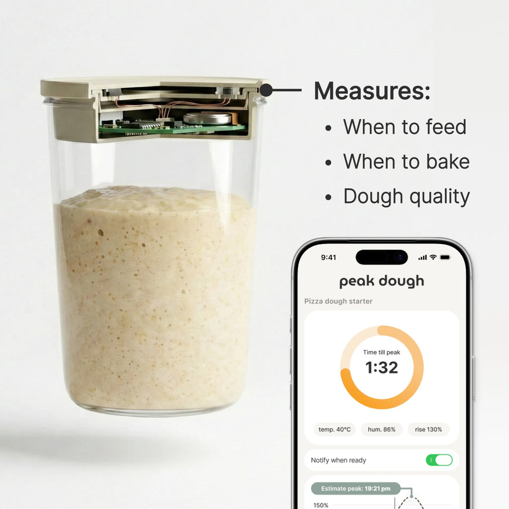 Peak Dough sensor lid on starter jar — measures when to feed and when to bake
