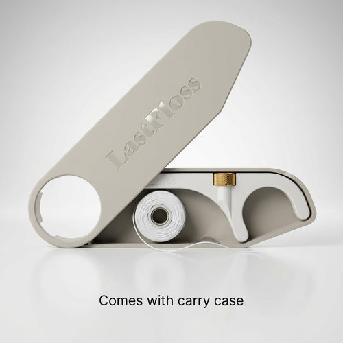 LastFloss refillable floss handle, threaded with dental floss