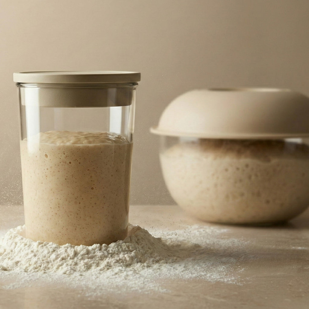 Peak Dough starter jar and proofing bowl with rising sourdough
