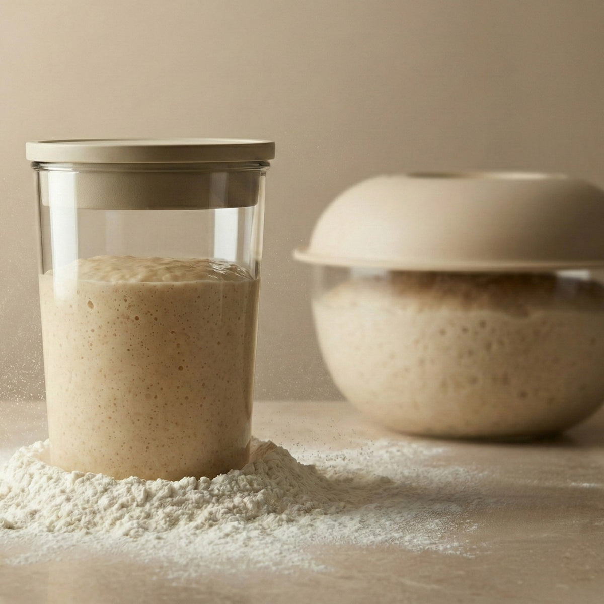 Peak Dough starter jar and proofing bowl with rising sourdough