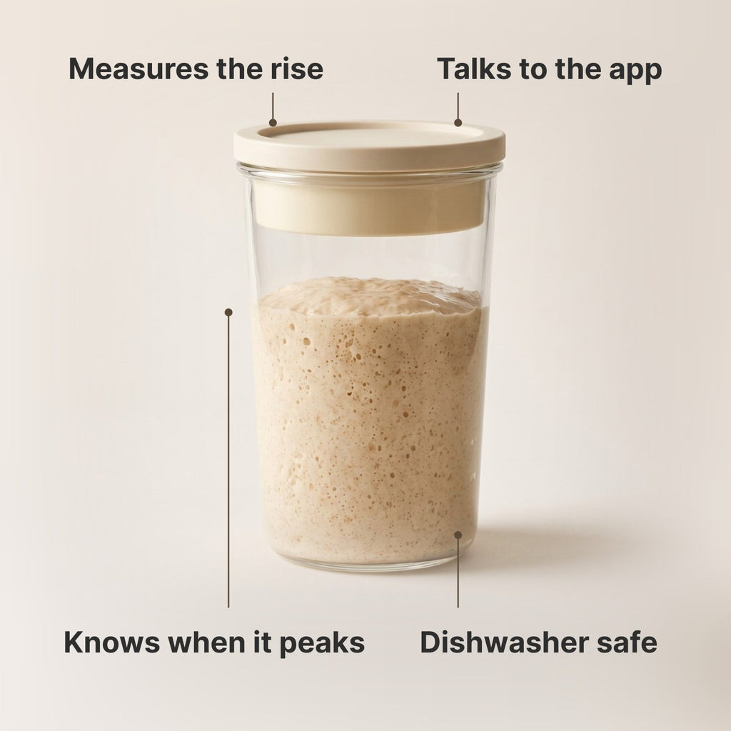 Peak Dough measures the rise, talks to the app, knows when your starter peaks, and the glass jar is dishwasher safe