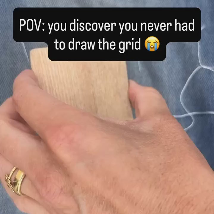 How StitchGrid works: stamp the grid, stitch the pattern, wash the grid away