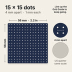 StitchGrid size guide: one press leaves 15 by 15 dots, 4 mm apart, each 1 mm across, a 56 by 56 mm grid, shown next to a US quarter at the same scale