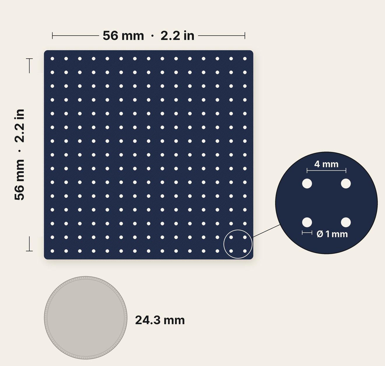 Maattekening: 15 × 15 stippen, 4 mm tussenruimte, 1 mm diameter, raster van 56 × 56 mm, met een munt op dezelfde schaal